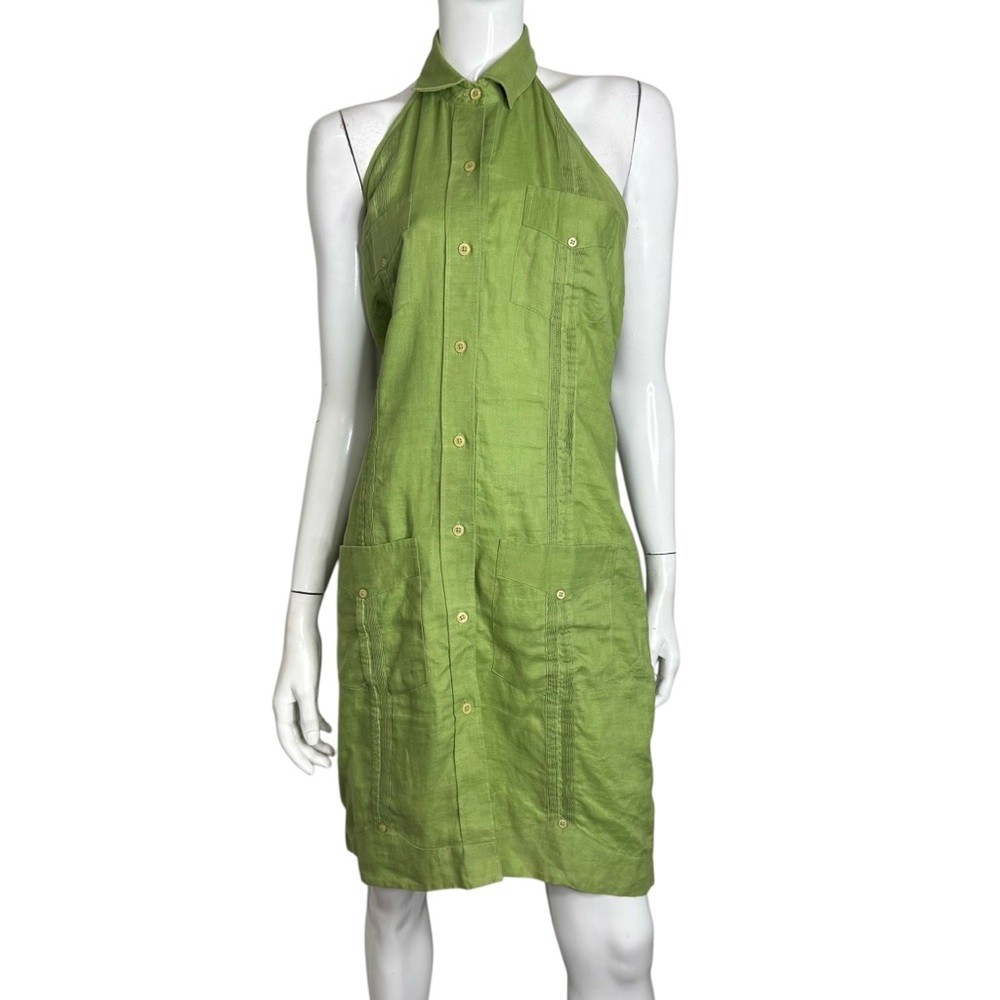 Panabrisia 100% Linen Green Open Back Halter Midi Dress